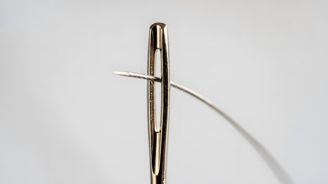 Macro Close-up of a Sewing Needle Eye with Silver Thread