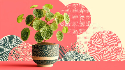 Green foliage round leaf potted plant ceramic pot graphic pattern geometric shape halftone texture coral background beige background modern design calm vibe