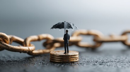 Miniature businessman with umbrella stands on coins, protected by a golden chain