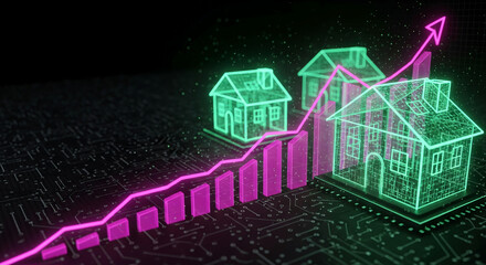 Three green wireframe houses with a pink growth chart on a dark electronic circuit board, representing property value increase and investment potential