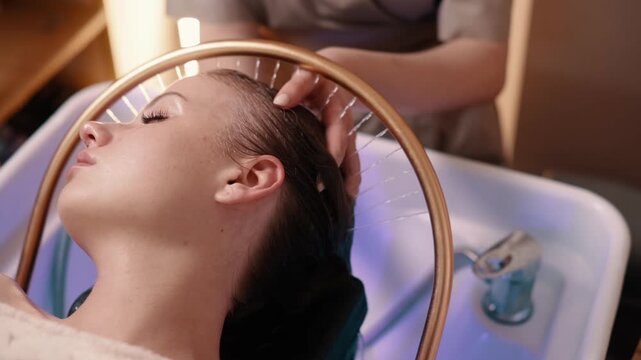 Young woman receiving a head massage during a Japanese head spa treatment with water flowing from a special hair washing tool.