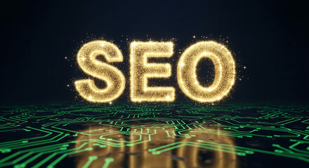 Glowing golden letters "SEO" over a circuit board texture, suggesting digital optimization, search engine, and technical advancement for online presence