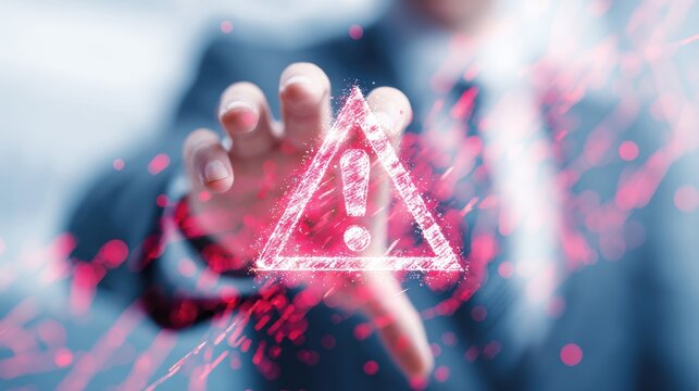 Man's hand reaching out to a glowing red digital warning sign with an exclamation mark - Powered by Adobe