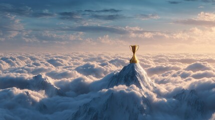 Golden trophy perched atop a snow-capped mountain peak above the clouds at sunrise