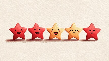 Five cute cartoon stars with happy faces in a row, watercolor style