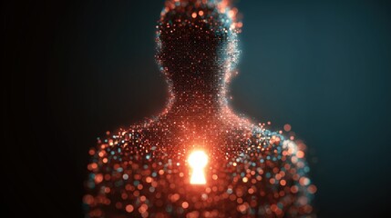 Digital human form made of glowing particles with a keyhole in the chest