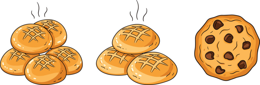 Cartoon bun and chocolate chip cookie buns baked goods food
