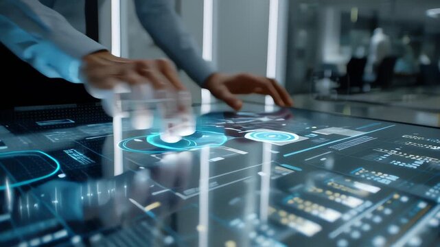 Close-up of two businesspeople's hands interacting with a futuristic digital interface on a sleek, high-tech table in a modern office with a cool, blue-toned ambiance.