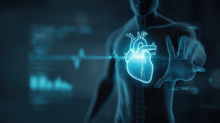 Digital human body scan with glowing heart and vital signs on futuristic interface