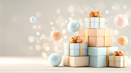 Gift present ribbon bow stack box pastel celebration holiday sparkle Calm pastel gift present ribbon bow stack box wooden table with soft bokeh sparkle and balloons, festive mood and gentle light