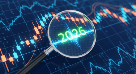 Magnifying glass over a graph showing 2026 in green, representing financial analysis, investment forecast, or economic outlook for the future year