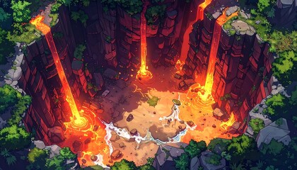 Overhead perspective of a fiery pit with three lava waterfalls cascading into molten rock. The surrounding area has vegetation and rocky terrain