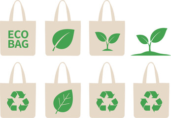 Beige tote bags with green eco friendly symbols and text on white background eco bag