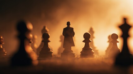 Strategic chess game with a lone figure standing amidst pawns and kings in smoky atmosphere