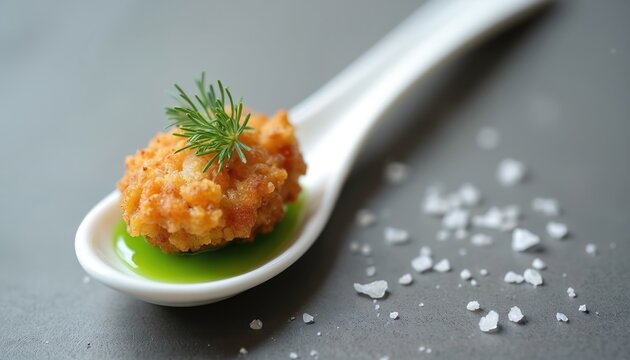 Fried chicken bite on tasting spoon with green dill sauce and sea salt crystals. Gourmet appetizer, amuse bouche, fine dining, restaurant snack. Culinary delight, savory small dish.