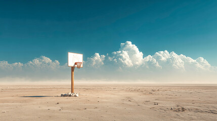 Surreal desert basketball hoop sandy court empty landscape blue sky white cloud lone goal minimal scene wide horizon arid ground dreamy mood. Lone hoop stands barren salt flat vast sky evoking
