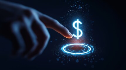 Finger touching glowing dollar sign on futuristic digital interface with particles