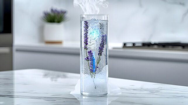 Glass of water with lavender and ice cube in soft focus with pastel colors on marble surface for wellness advertising - Powered by Adobe