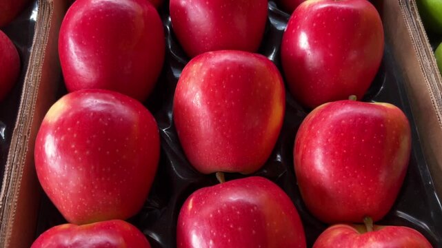 Tessa variety apples arranged in cardboard crate; tracking shot on red apples