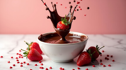 Strawberry Splashing into Melted Chocolate Bowl