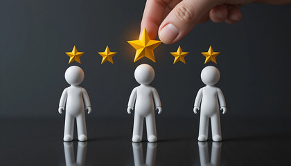 Employee of the month and top performance ranking concept with hand placing a larger gold star on a white figure for human resources management presentation