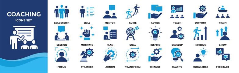 Coaching icon set collection. Icon pack contains leadership, skill, mentor, guide, train, teach, support, advise, lead, grow, inspire, goal, focus, plan, motivate, action