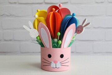Easter bunny planter with colorful eggs and flowers in pink pot on white table against brick wall background