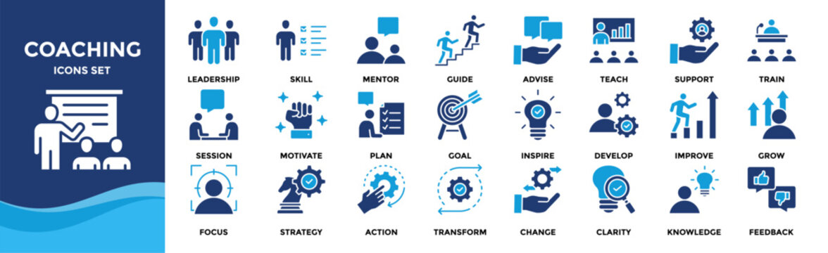 Coaching icon set collection. Icon pack contains leadership, skill, mentor, guide, train, teach, support, advise, lead, grow, inspire, goal, focus, plan, motivate, action