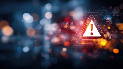 Digital warning sign with exclamation mark in a triangle on a blurred technological background