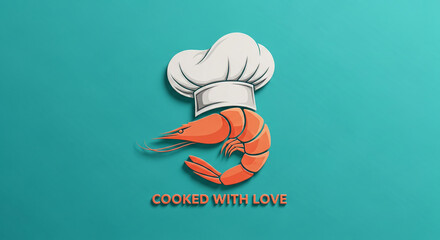 Flat lay of prawn wearing chef hat on teal background, with phrase "Cooked with Love", representing culinary preparation and passionate cuisine