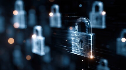 Digital padlock icons glowing with futuristic data streams on a dark background
