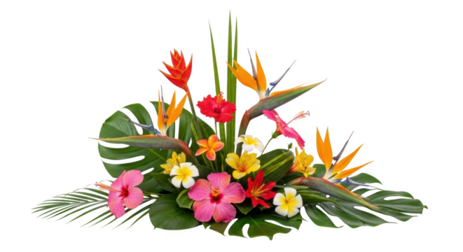 Vibrant tropical flower arrangement with Bird of Paradise and hibiscus isolated on a transparent background - Powered by Adobe