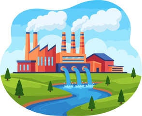 Fototapeta premium Cartoon Industrial Factory with Smoke Chimneys and River Discharge, Pollution Environmental Illustration