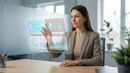 Business Woman Using AI Interface for Data Analysis in Modern Workplace