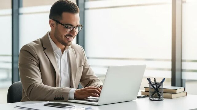 Smiling businessman works on laptop at modern office desk, showcasing productivity and a positive work environment in professional setting
