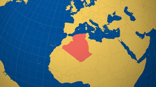 Algeria on Globe. Animated zoom into the country in Ocean Blue Golden Yellow color palette. Algeria logo animation. Map with meridians, parallels. Captivating video.