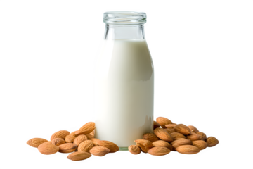 Almond milk in glass bottle with almonds on transparent background