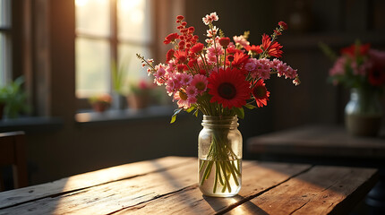 Vibrant Red Bouquet in Jar by Sunny Window