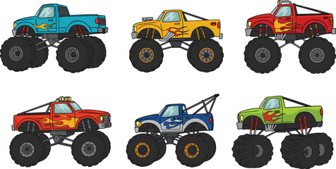 Monster truck illustration, colorful off-road vehicles, flame decals, elevated suspension, oversized tires, kids poster, stunt show, racing, vector art, fun © Montaha Creatives