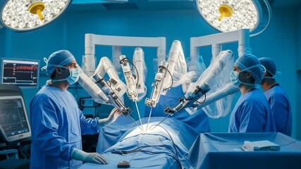 Robotic surgery team performing complex procedure with advanced technology and precision in modern operating room setting for medical innovation - Powered by Adobe