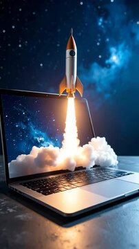 Laptop screen displays animated rocket launching to space, showcasing business startup, innovation, and technological advancement concept