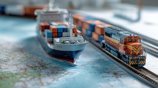 A freight ship and a train crossing paths on a map, blending sea and rail transport, multimodal logistics concept.