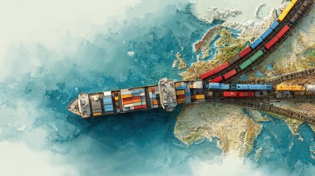A freight ship and a train crossing paths on a map, blending sea and rail transport, multimodal logistics concept.