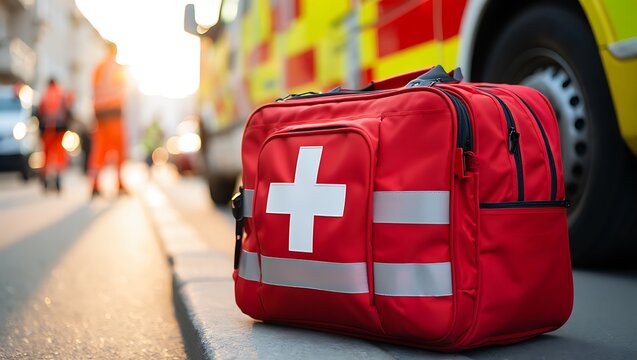 Red first aid kit on a city street with ambulances and paramedics providing emergency medical assistance, highlighting public safety, urgent care, and lifesaving response in urban traffic.
