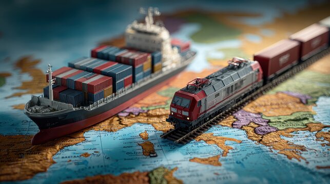 A freight ship and a train crossing paths on a map, blending sea and rail transport, multimodal logistics concept.