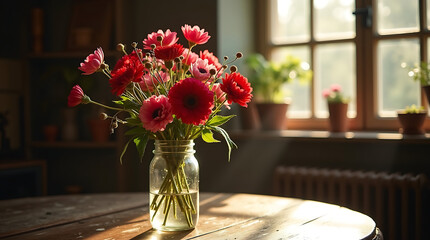 Red and Pink Flowers in Jar with Sunlight