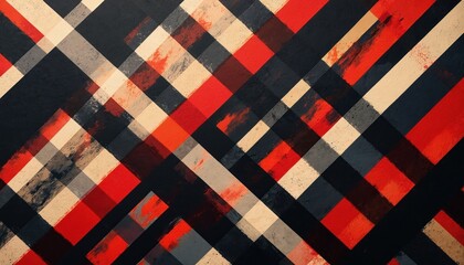 Abstract geometric pattern formed by diagonal lines in red black, beige. Repetitive shapes create striking modern textile design. Graphic background texture suitable for digital or print applications.