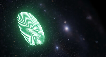 Glowing green fingerprint against starry dark space, representing biometric identification, security, and technology of personal access or identity verification