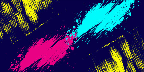 Bold Sport Background with Neon Pink, Blue and Yellow Colors Brush Strokes in a Graffiti Style. Vibrant Sporty Abstract Background with Grunge Texture Design Elements