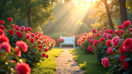 Scenic Rose Garden in Golden Sunlight